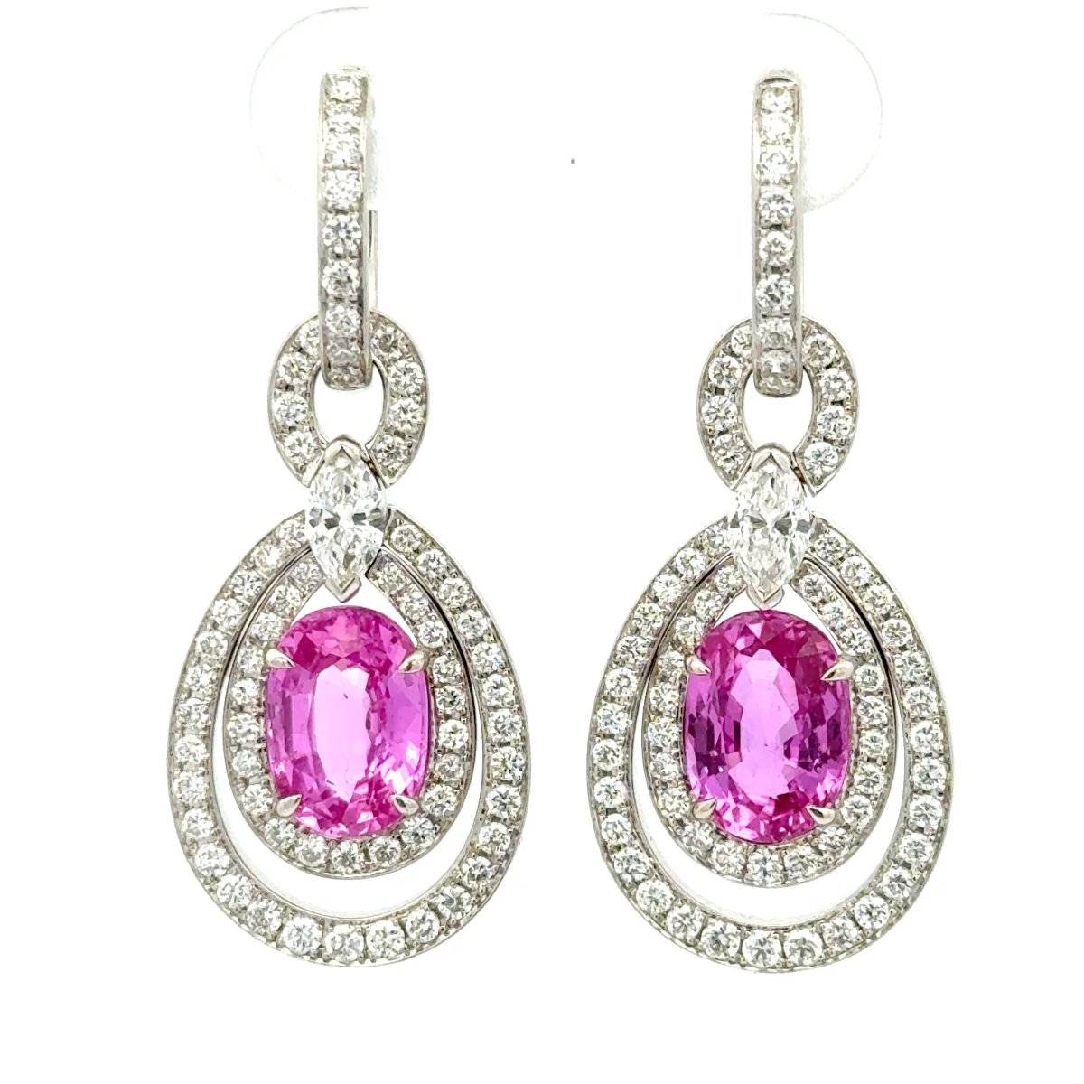 18ct White Gold Vivid Pink Sapphire Double Halo Drop Earrings - Mega Cash Sydney