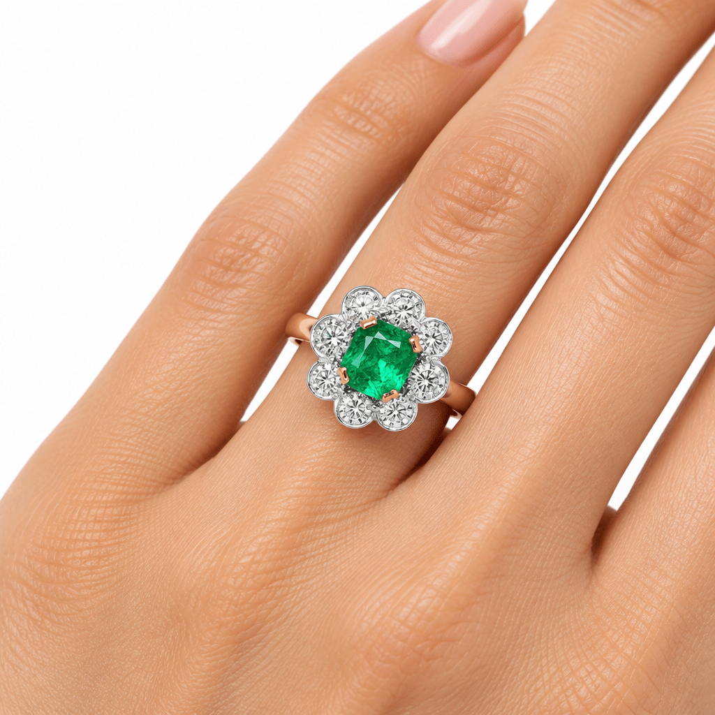18ct Yellow Gold Emerald Cocktail Ring with Scalloped Halo with Valuation - Mega Cash Sydney
