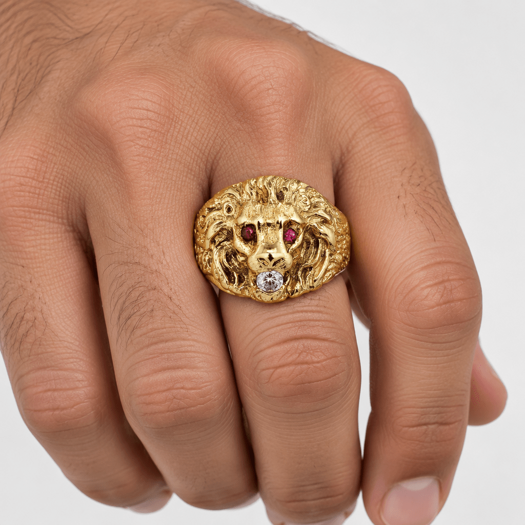 18ct Yellow Gold Lion Head Signet Ring with Rubies and Cubic Zirconia - Mega Cash Sydney