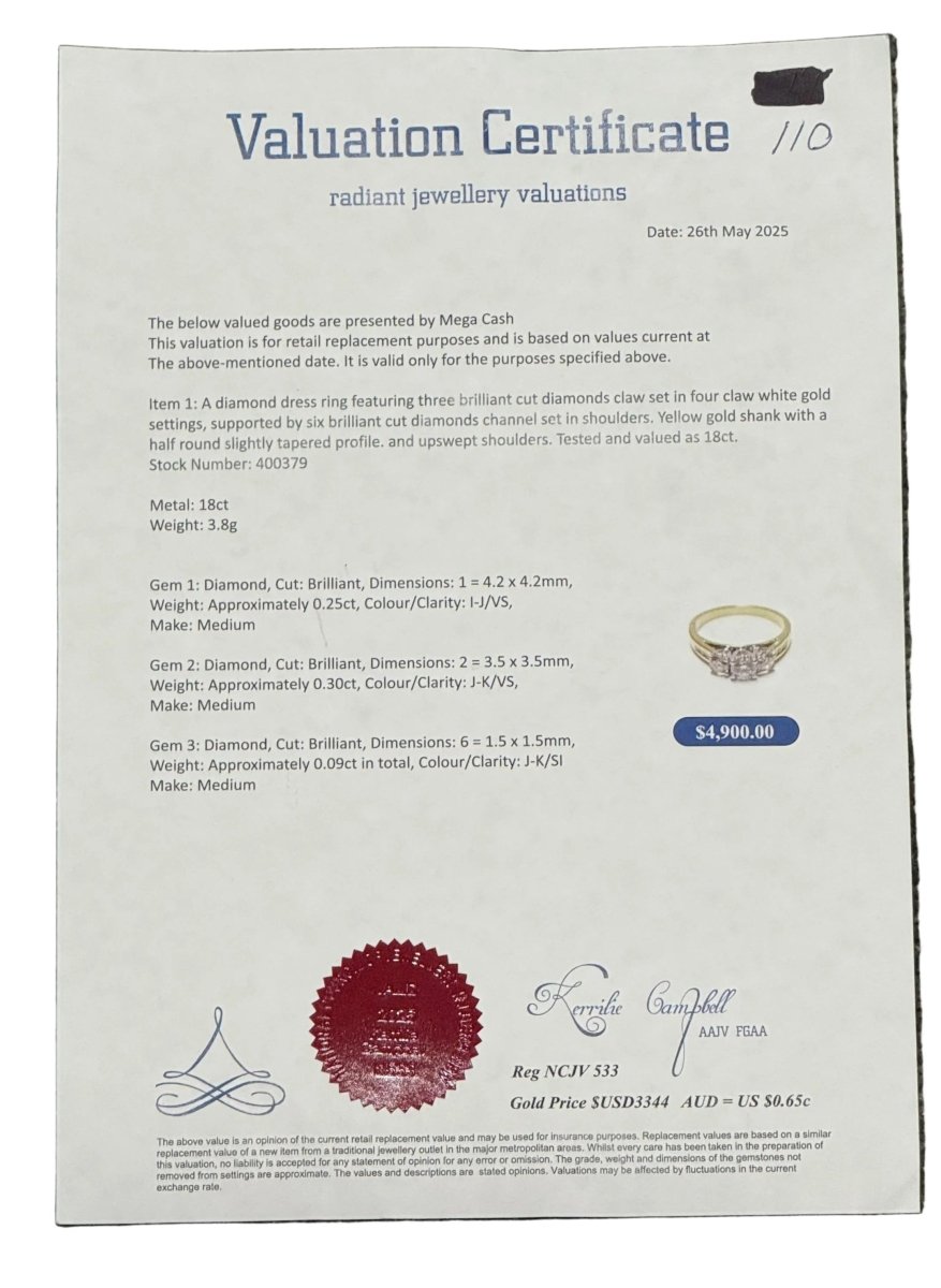 18ct Yellow Gold Three-Stone Diamond Ring with Channel-Set Band - Mega Cash Sydney