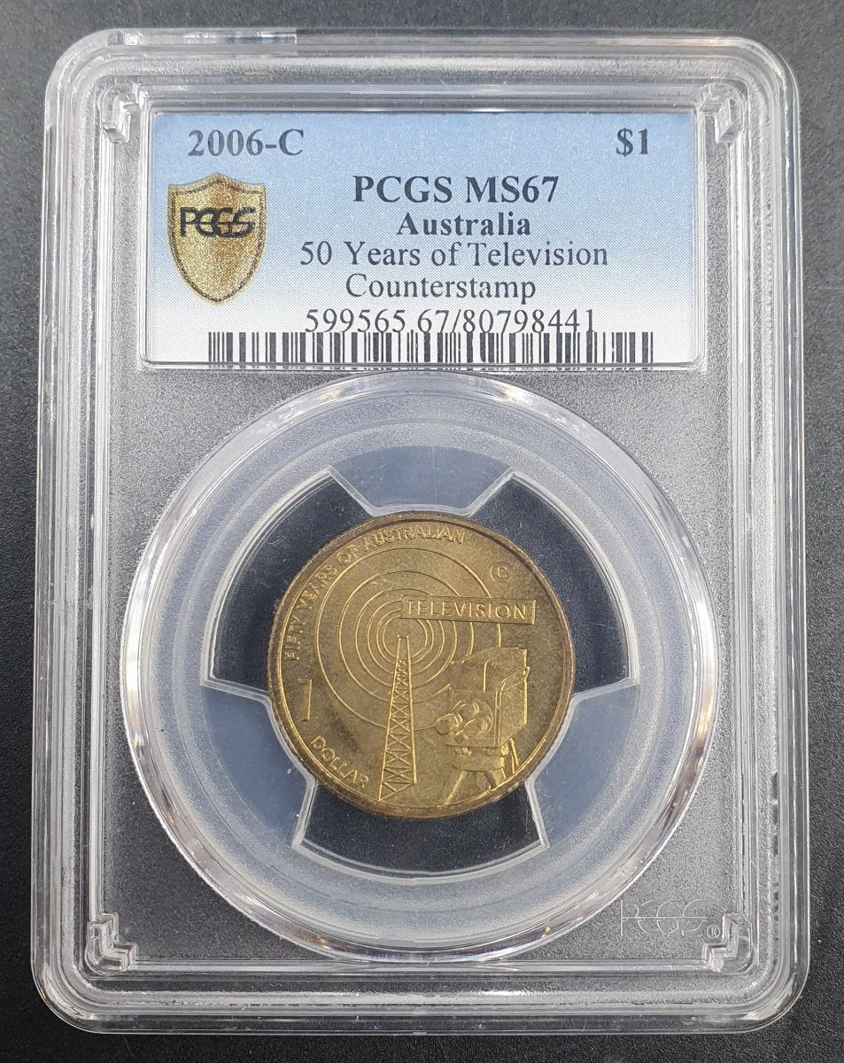 2006 - C - $1 Australian 50 Years of Television Counterstamp - PCGS MS67 - Mega Cash Sydney