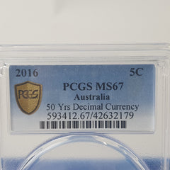 2016 - 5c 50 Yrs Decimal Currency - PCGS MS67 - Mega Cash Sydney