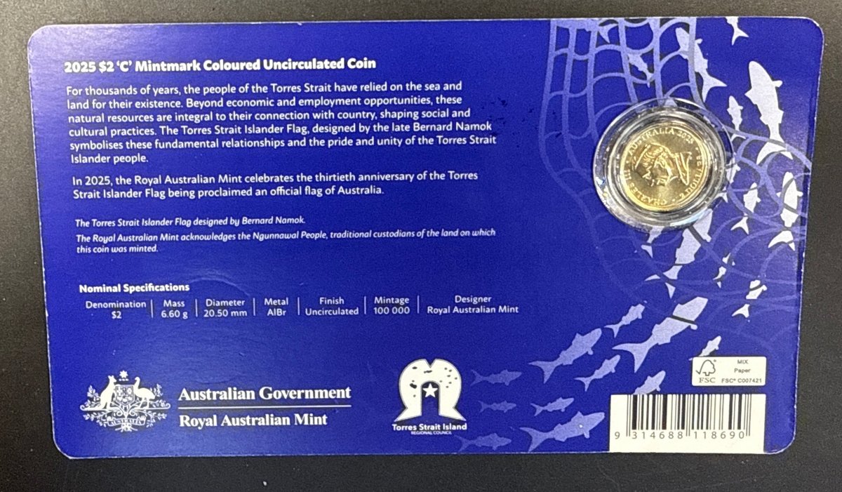2025 $2 ‘C’ Mintmark Coloured uncirculated Coin - Islander People, Islander Flag - Ailan Pipol, Ailan Flag - Mega Cash Sydney