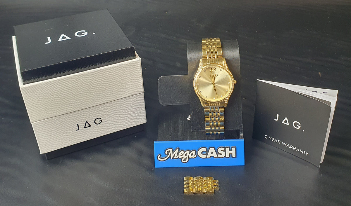 LADIES - JAG - ANALOGUE WATCH - J2707A - GOLD STEEL BAND - IN OWN BOX WITH LINKS AND BOOK