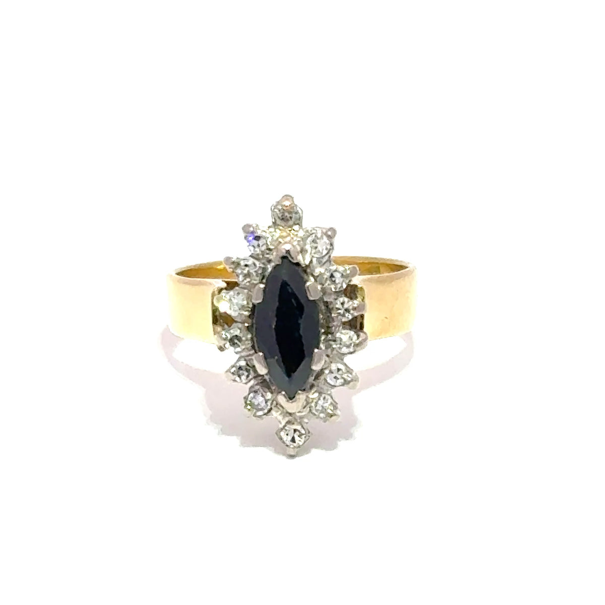 18ct Yellow Gold Sapphire Marquise Halo Ring with Diamonds