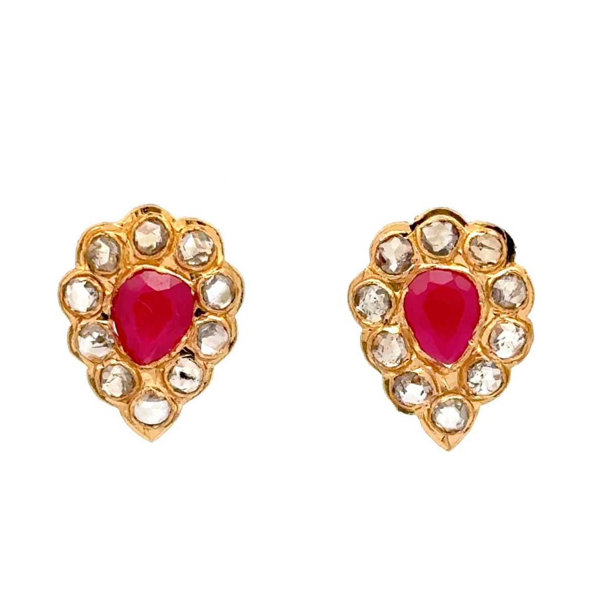 22ct Yellow Gold Pear-Shaped Ruby and Diamond Cluster Stud Earrings