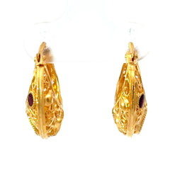 22ct Ornate Filigree Yellow Gold Ruby Hoop Earrings
