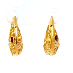 22ct Ornate Filigree Yellow Gold Ruby Hoop Earrings
