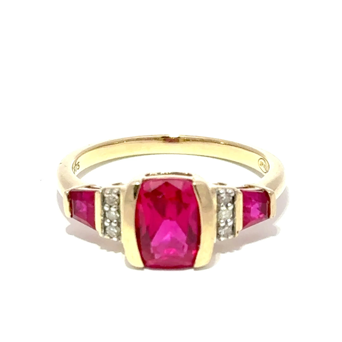 9ct Yellow Gold Pinkish-Red Ruby and Diamond Accent Multistone Ring