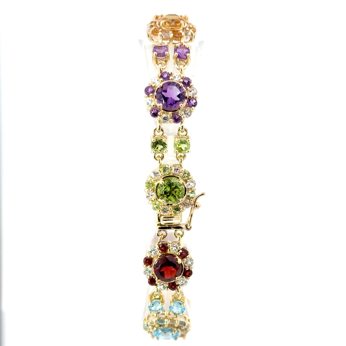 10ct Yellow Gold Multi-Gemstone Floral Cluster Chain Bracelet