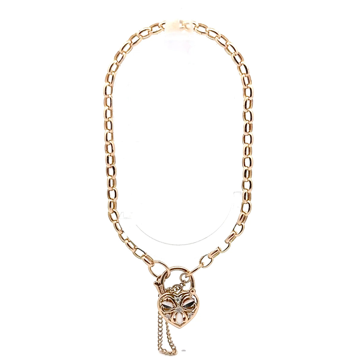 9ct Yellow Gold Diamond Heart Padlock Charm Belcher Bracelet