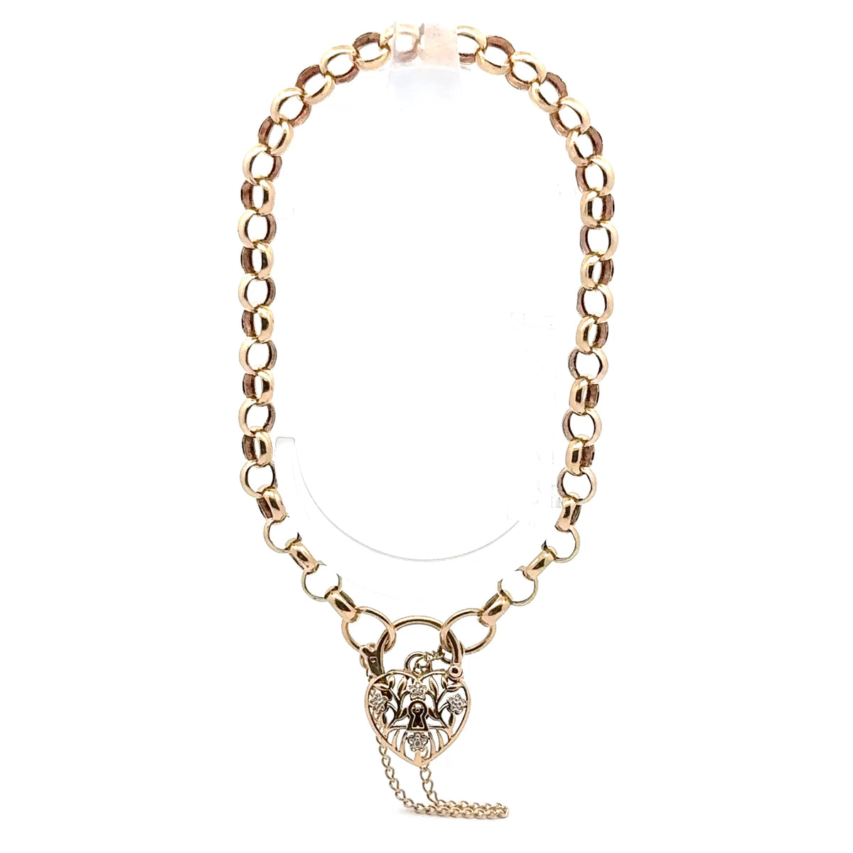 9ct Yellow Gold Diamond Heart Padlock Belcher Bracelet