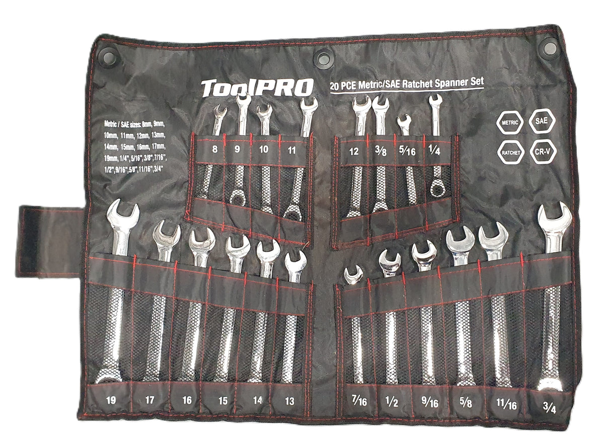 ToolPRO Ratchet Spanner Set Metric/SAE 20 Piece