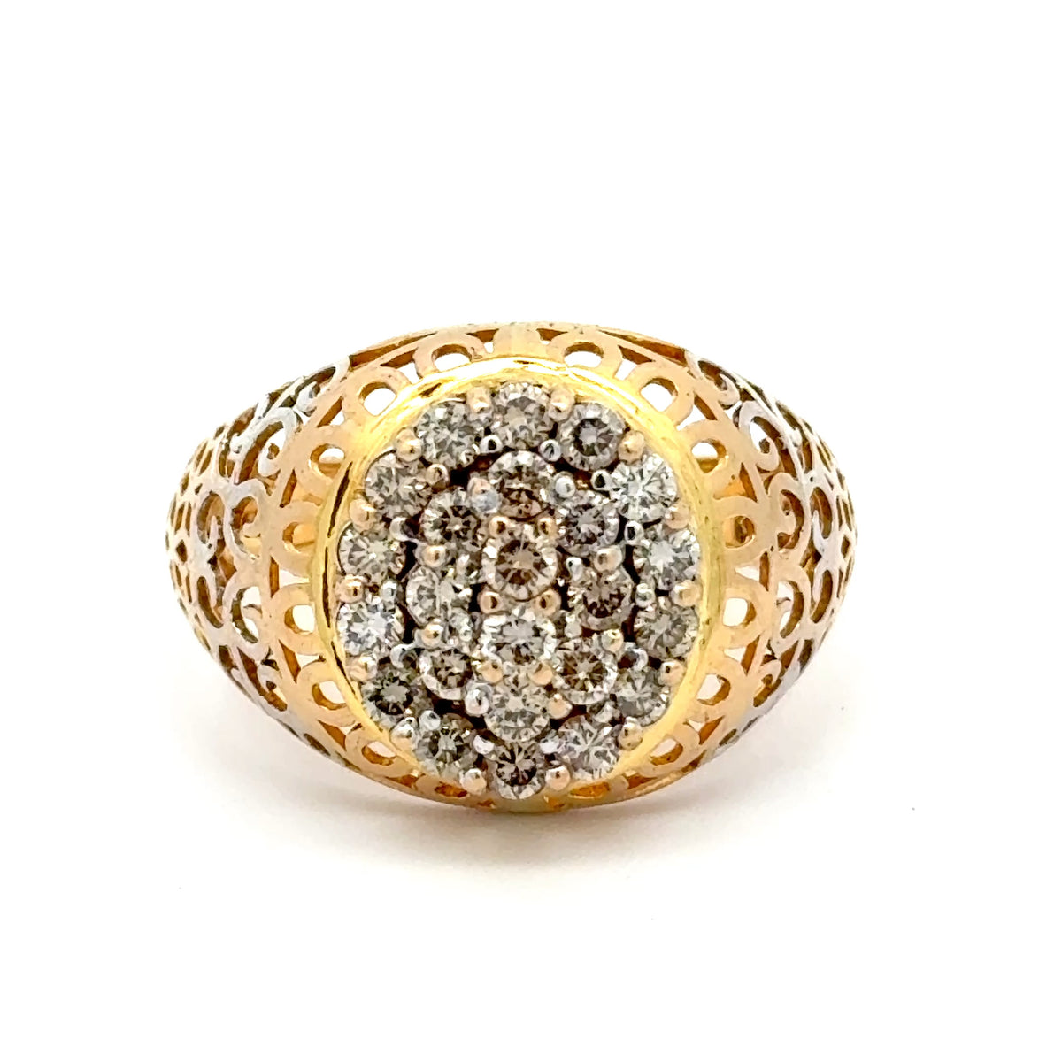 18ct Yellow Gold Diamond Cluster Cocktail Ring with Filigree Band