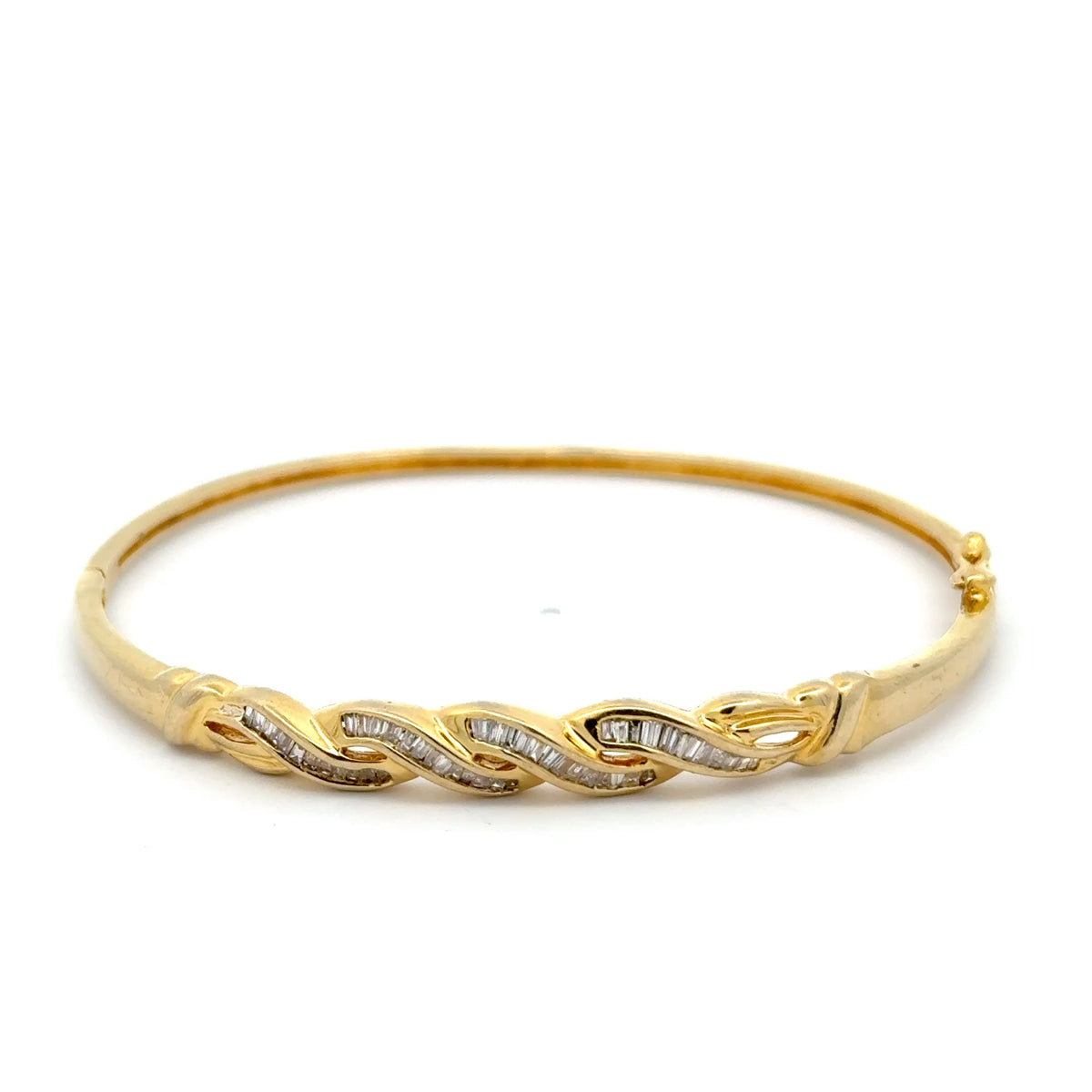 10ct Yellow Gold Twisted Baguette Diamond Bangle