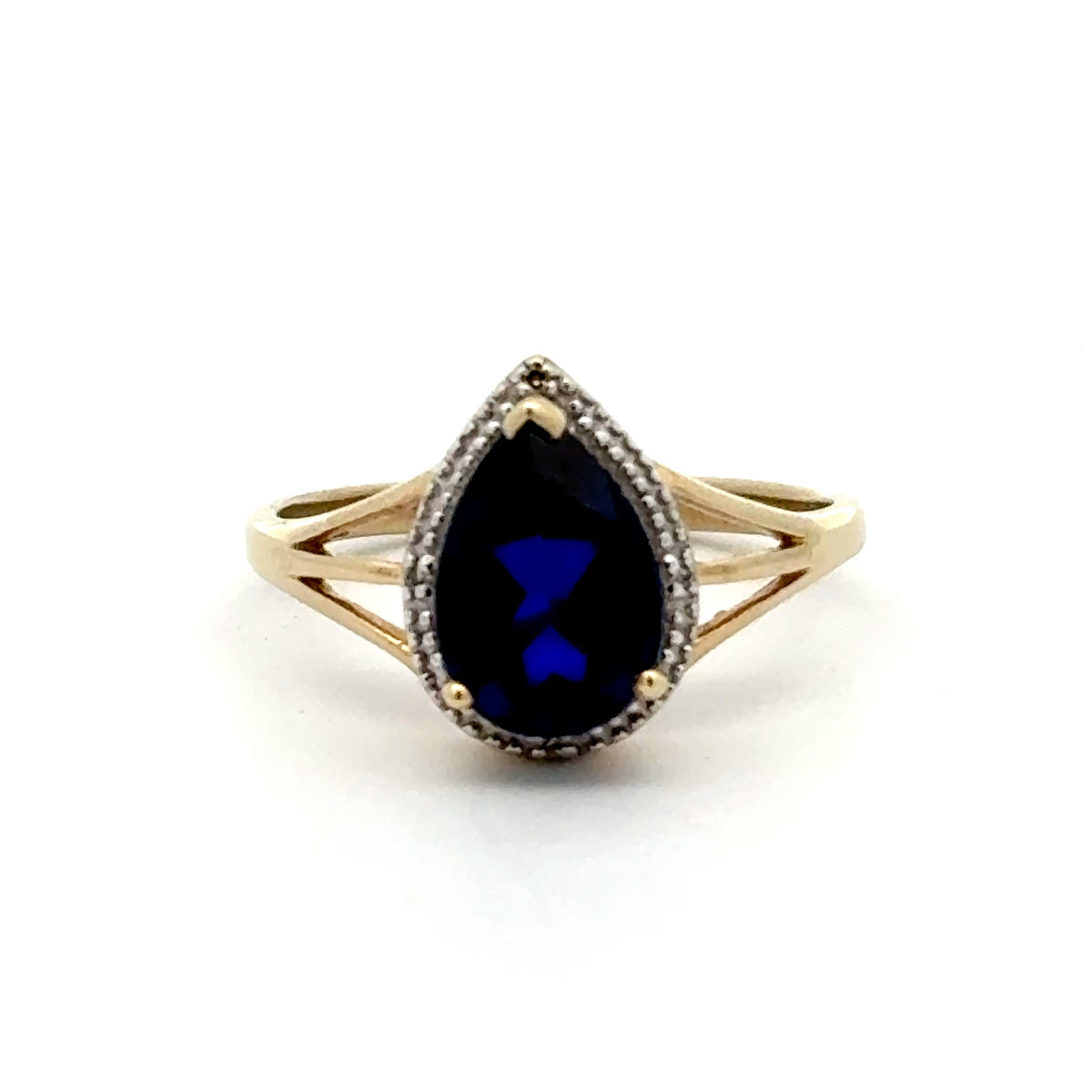 9ct Yellow Gold Pear-Cut Deep Blue Stone Halo Ring