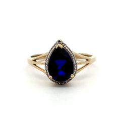 9ct Yellow Gold Pear-Cut Deep Blue Stone Halo Ring