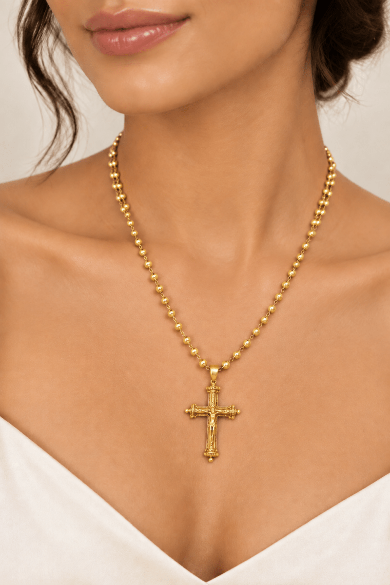 22ct Yellow Gold Beaded Chain Necklace with Crucifix Pendant - Mega Cash Sydney