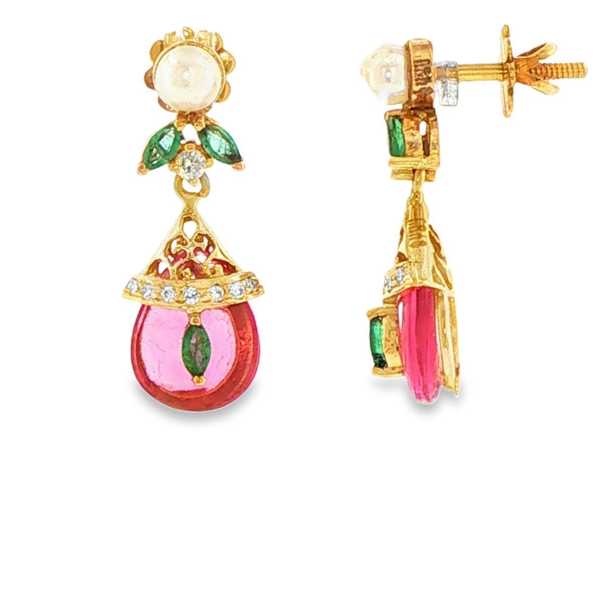 22ct Yellow Gold Pink Stone Drop Earrings with Pearl Accents - Mega Cash Sydney