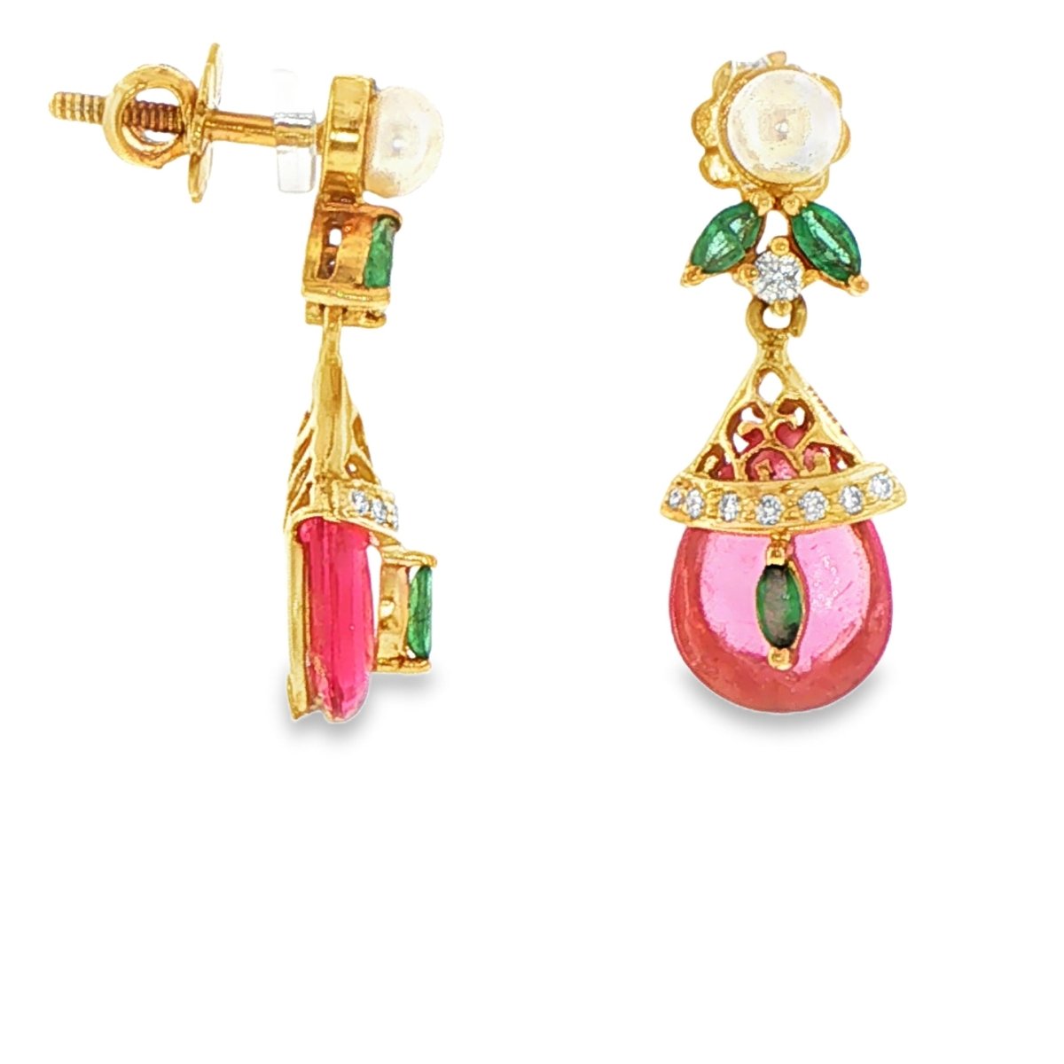 22ct Yellow Gold Pink Stone Drop Earrings with Pearl Accents - Mega Cash Sydney