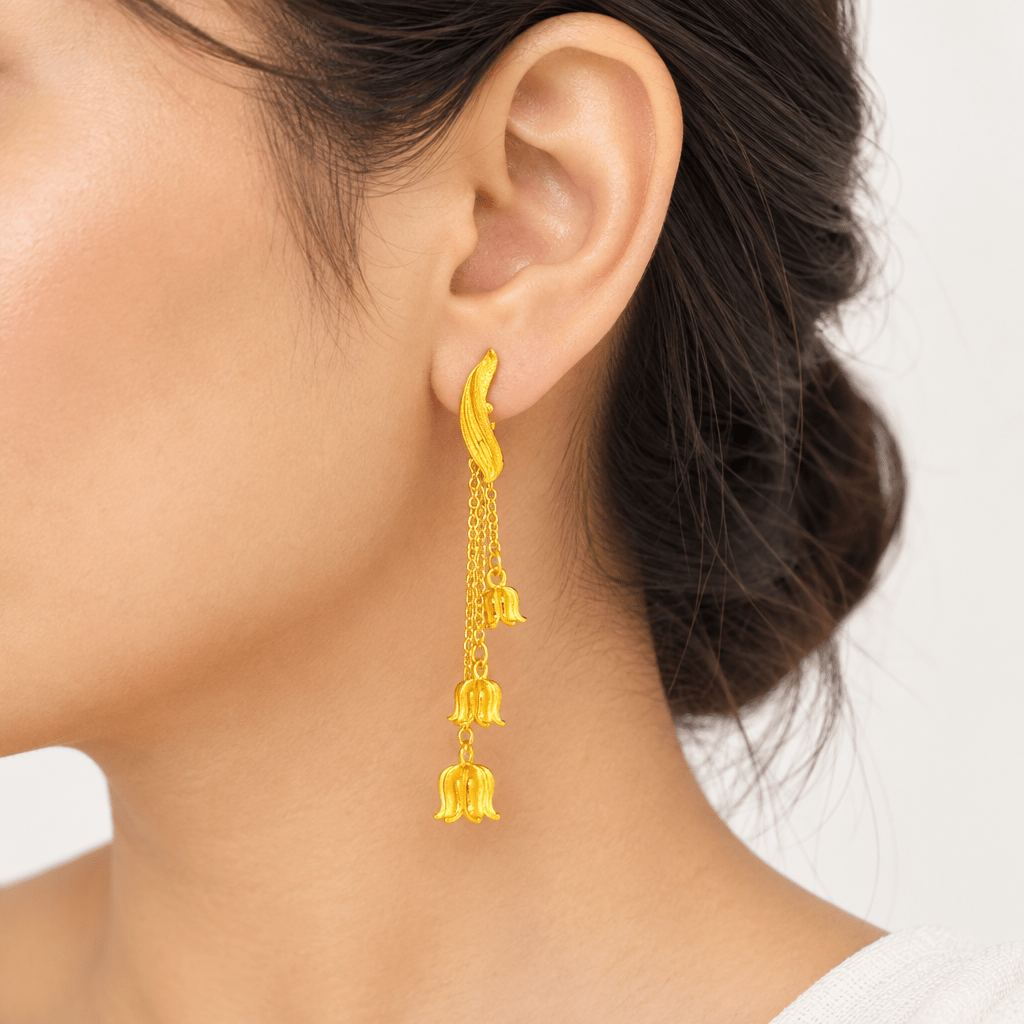 24ct Yellow Gold Floral Bell Dangle Earrings - Mega Cash Sydney