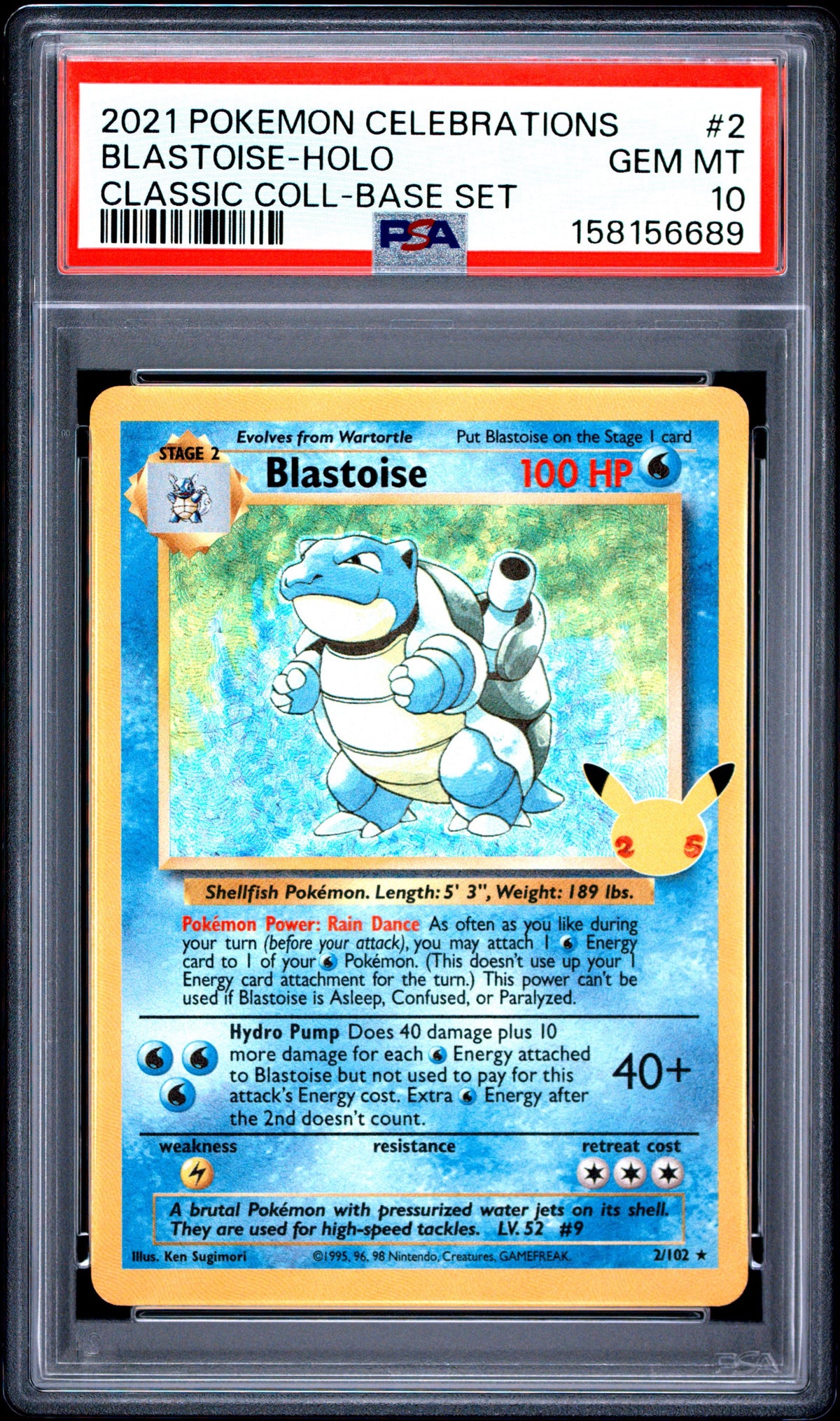 Pokemon PSA 10 Blastoise 2/102 Holo Base Set Classic Collection Celebrations