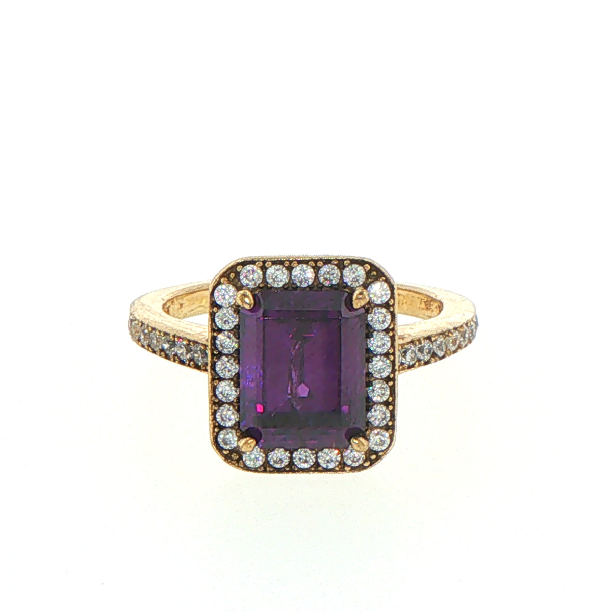 9ct Yellow Gold Emerald-Cut Purple Halo Cocktail Ring