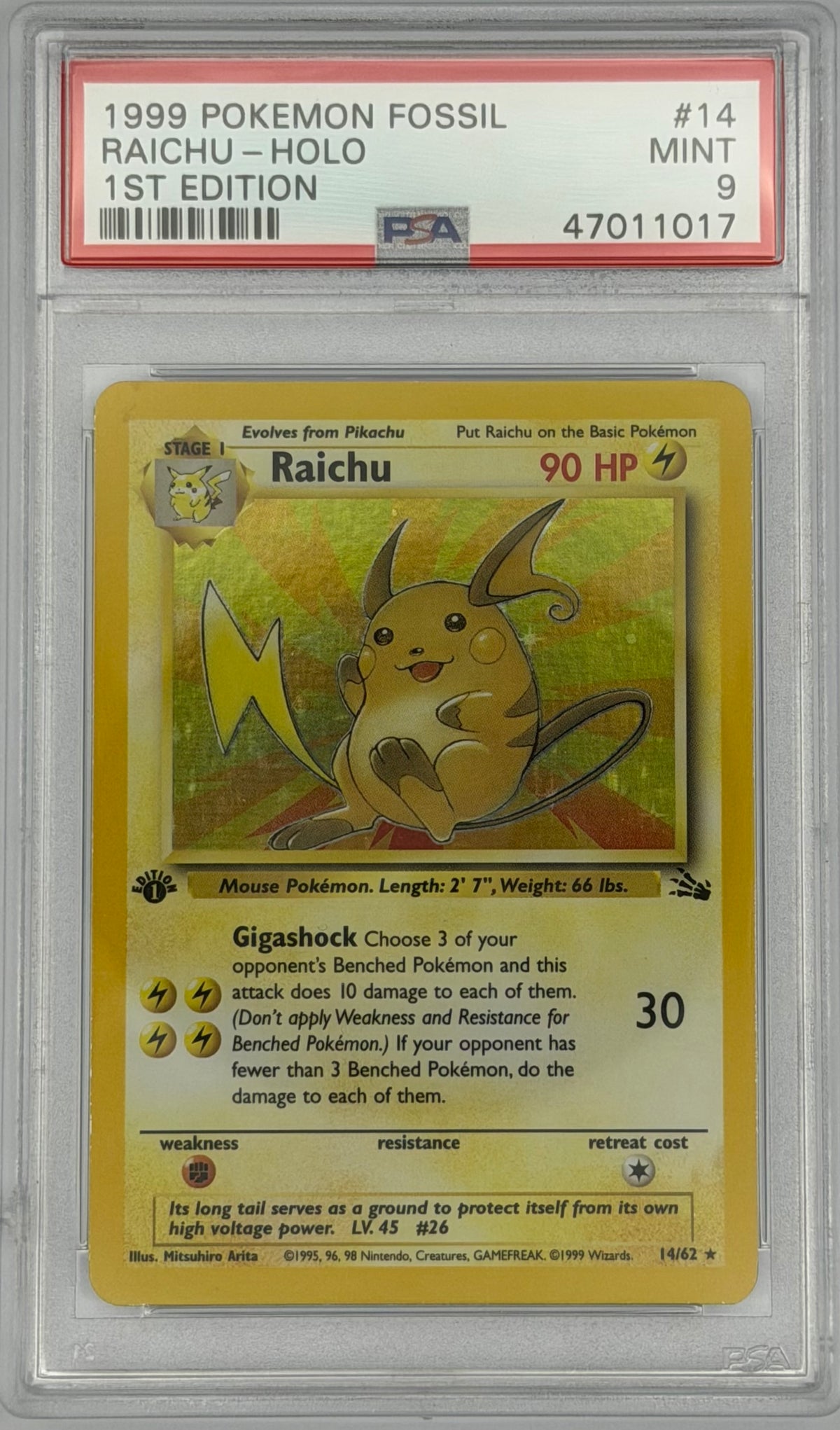 Pokemon PSA 9 Raichu 14/62 1st Edition Holo Fossil