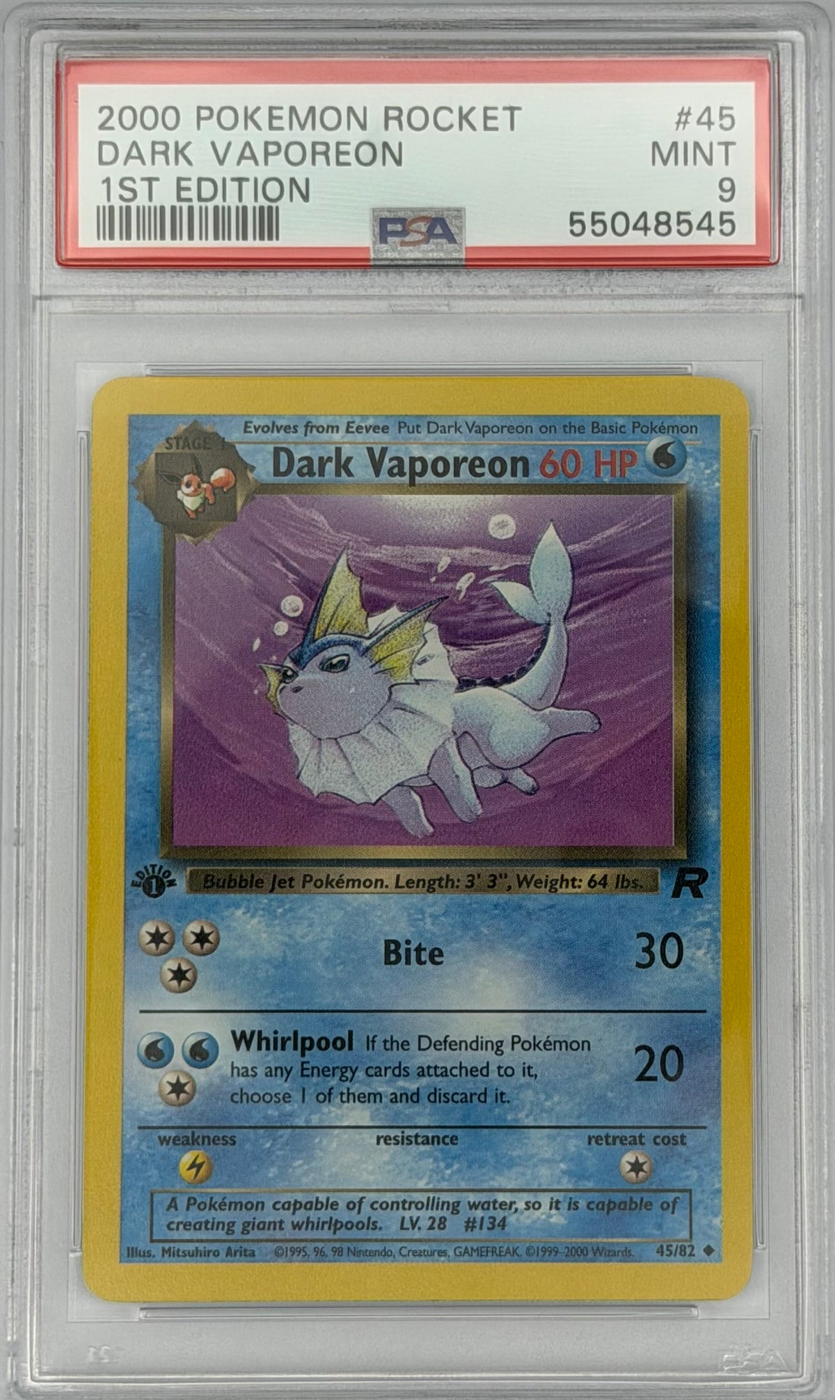 Pokemon PSA 9 Dark Vaporeon 45/82 1st Edition Team Rocket