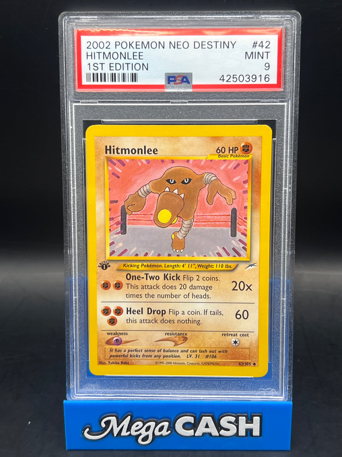 PSA 9 Hitmonlee  42/105 1ST Edition Neo Destiny