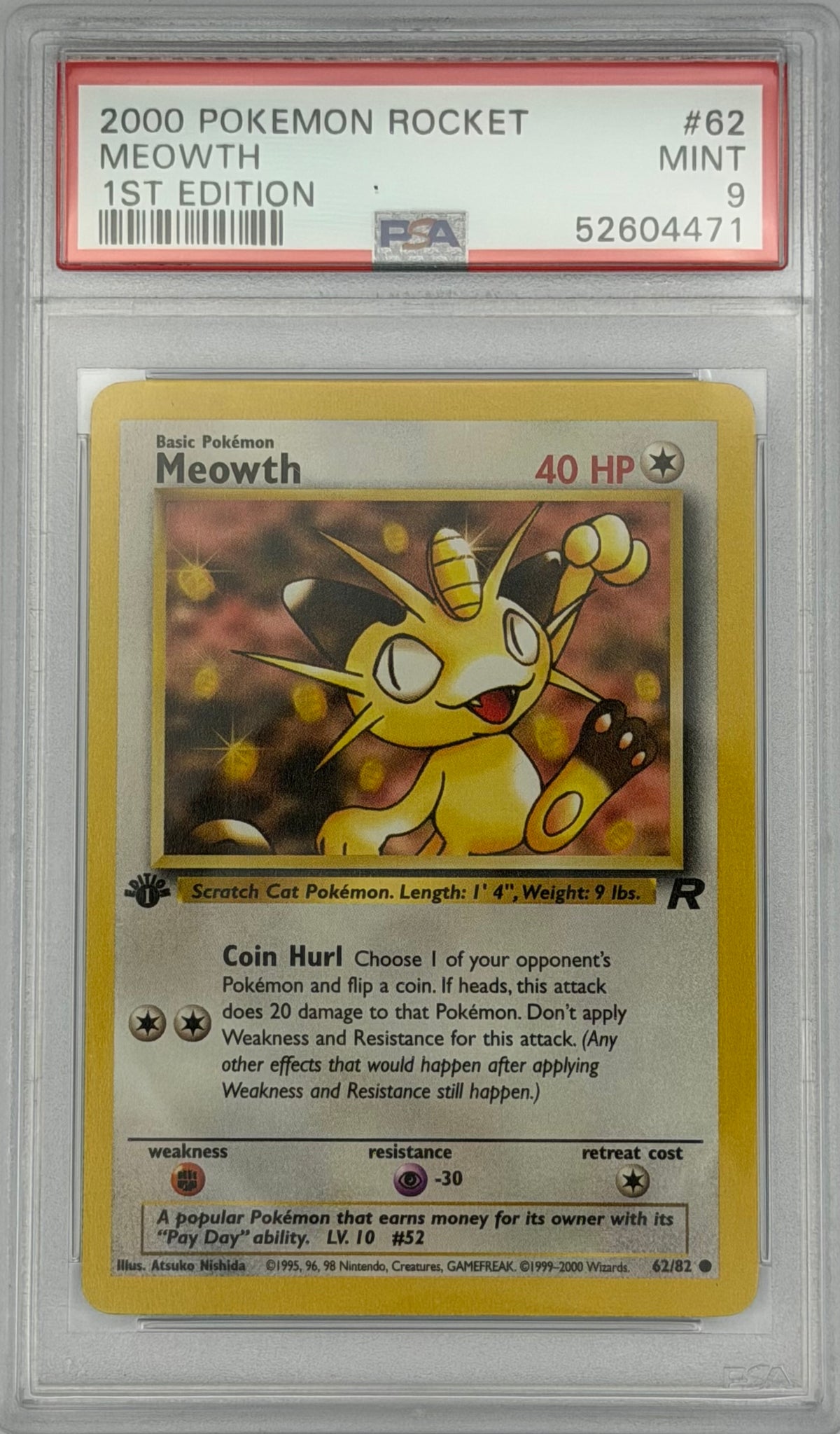 Pokemon PSA 9 Meowth 62/82 1st Edition Rocket
