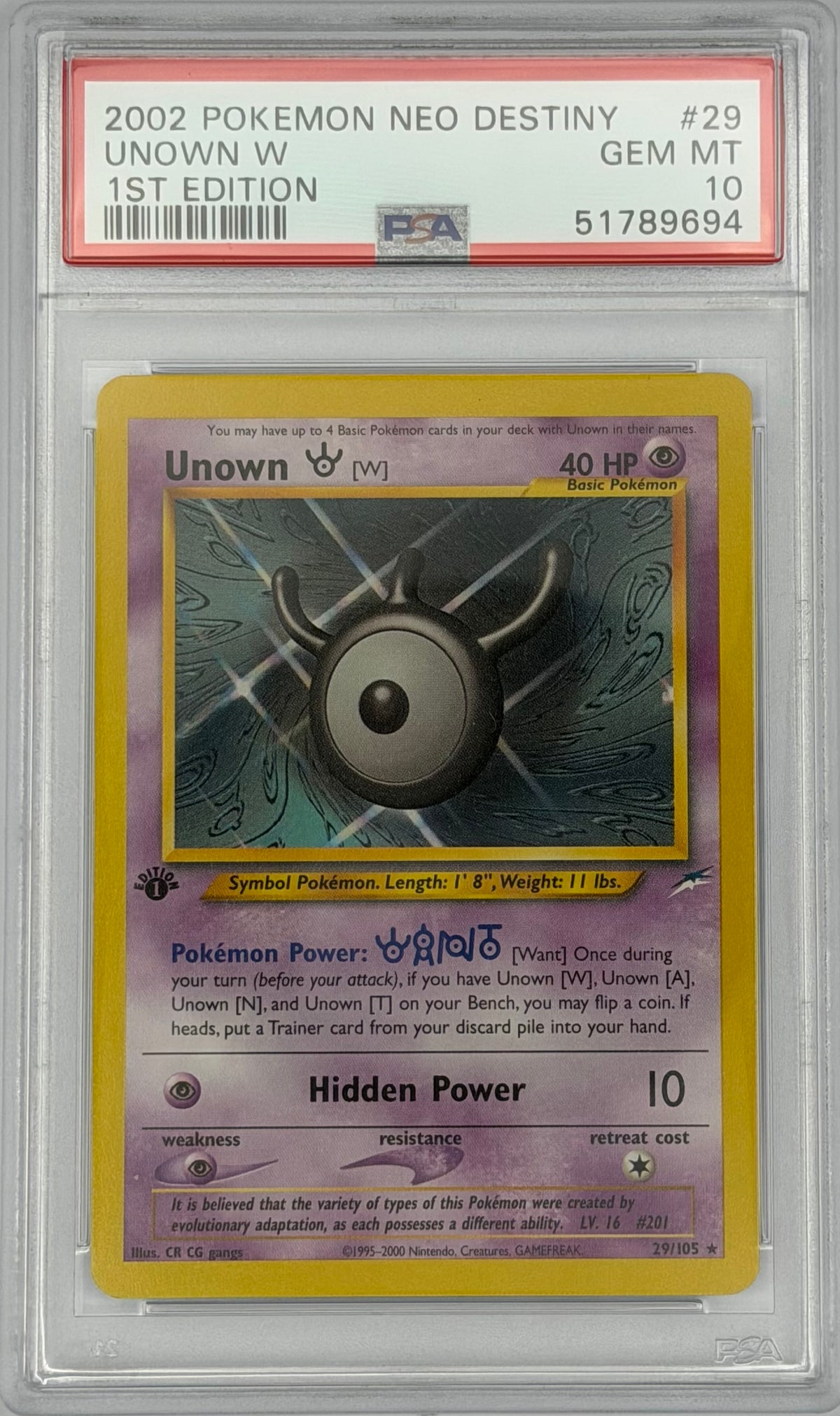 Pokemon PSA 10 Unown W 29/105 1st Edition Neo Destiny