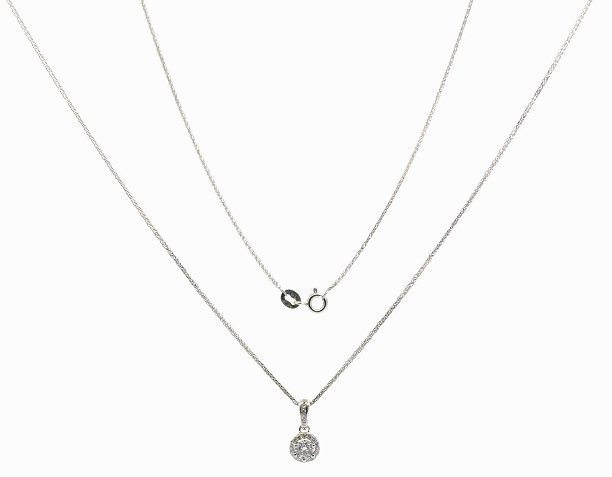 18ct White Gold Round Diamond Halo Pendant Necklace