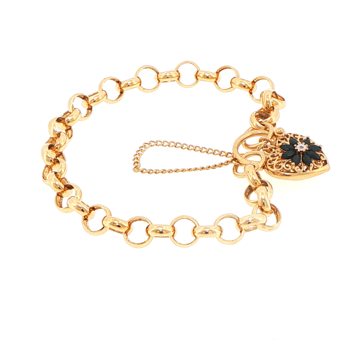 9ct Yellow Gold Black Heart and Diamond Charm Belcher Bracelet - Mega Cash Sydney