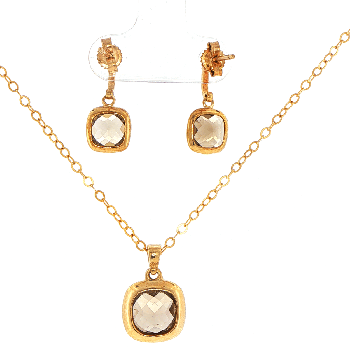 9ct Yellow Gold Cushion-Cut Smokey Stone Pendant and Earring Set - Mega Cash Sydney