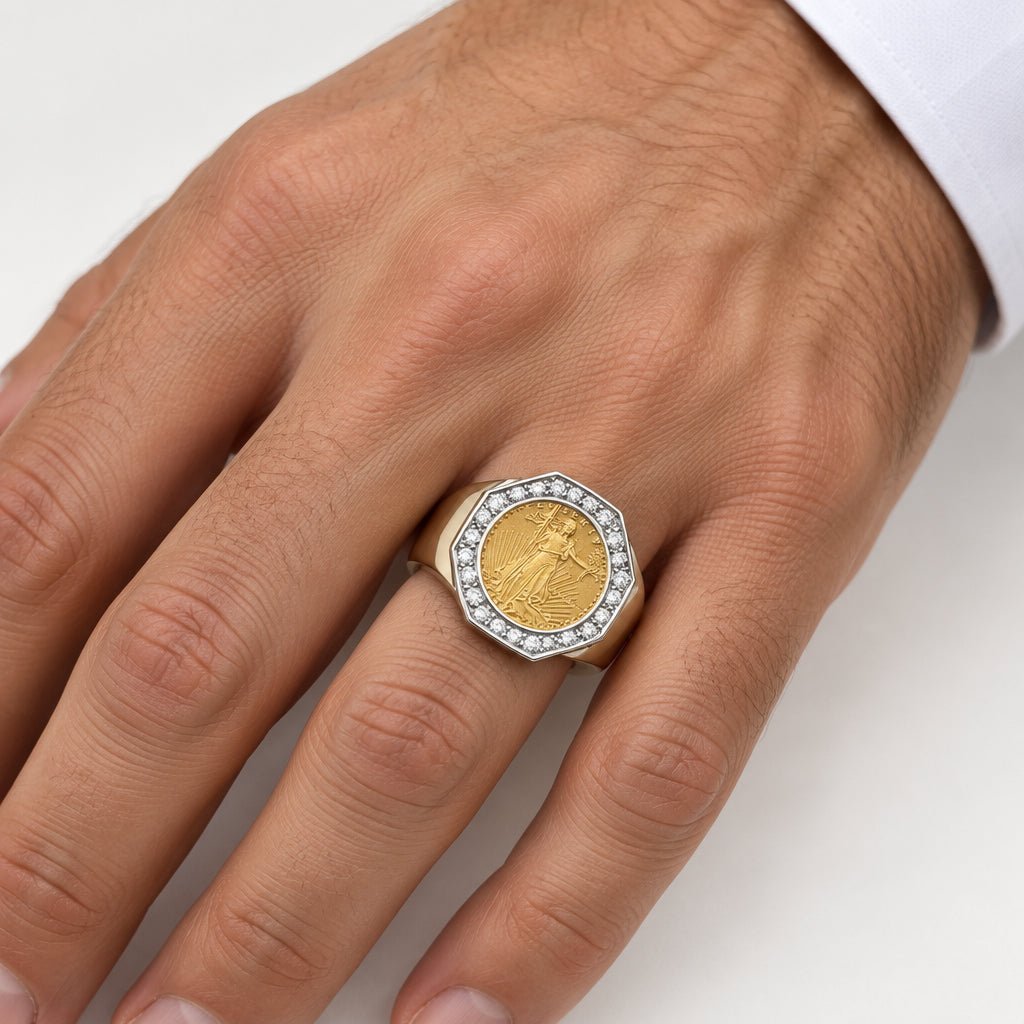 9ct Yellow Gold Liberty Coin Signet Ring with Diamond Halo - Mega Cash Sydney