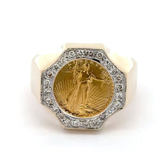 9ct Yellow Gold Liberty Coin Signet Ring with Diamond Halo - Mega Cash Sydney