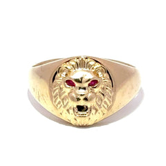 9ct Yellow Gold Lion Head Signet Ring with Ruby Eyes - Mega Cash Sydney