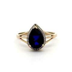 9ct Yellow Gold Pear-Cut Deep Blue Stone Halo Ring - Mega Cash Sydney
