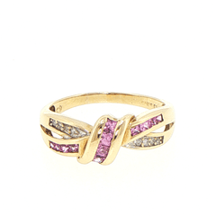 9ct Yellow Gold Purplish-Pink Multi-Stoned and Diamond Crossover Knot Ring - Mega Cash Sydney