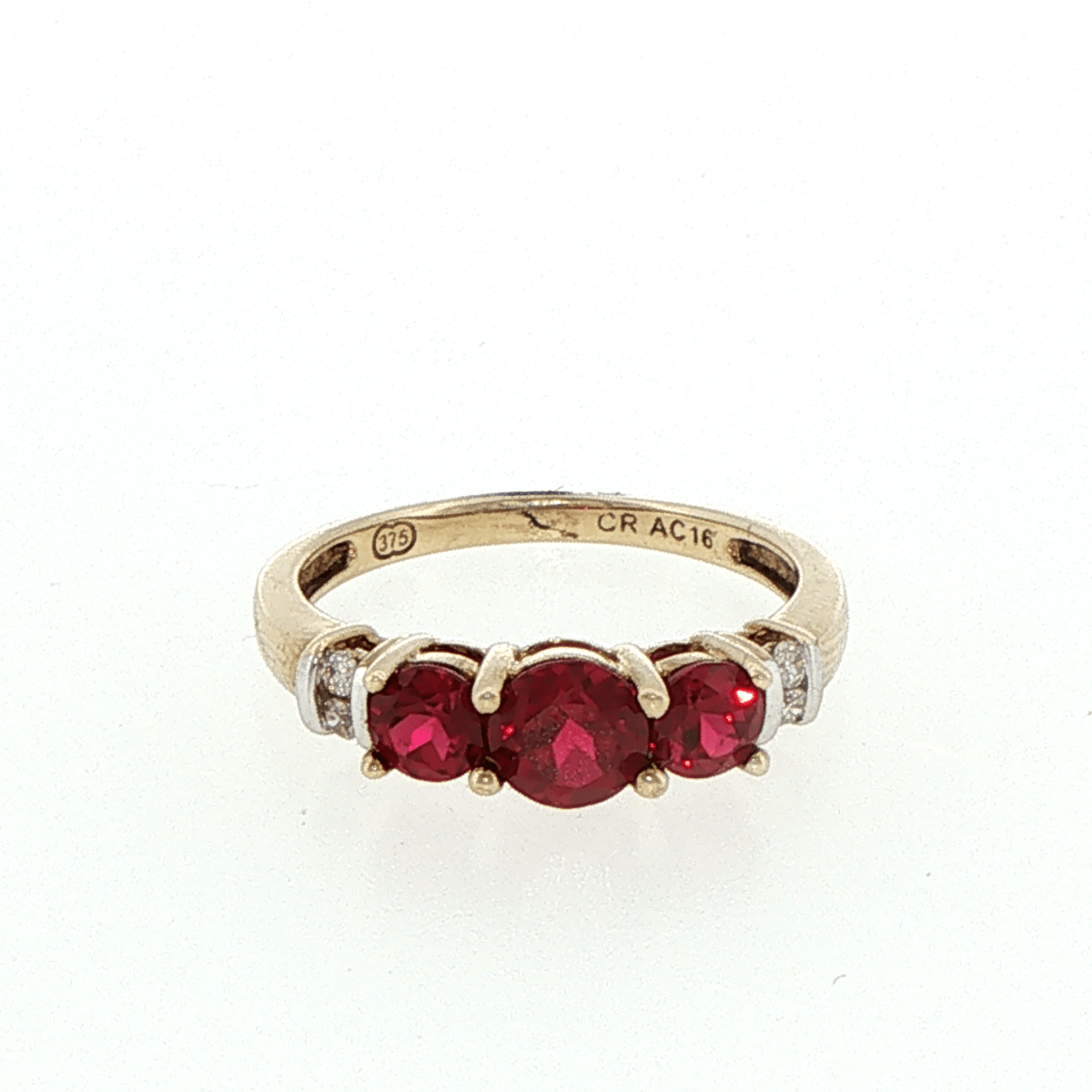 9ct Yellow Gold Three-Stone Created Ruby and Diamonds Ring - Mega Cash Sydney