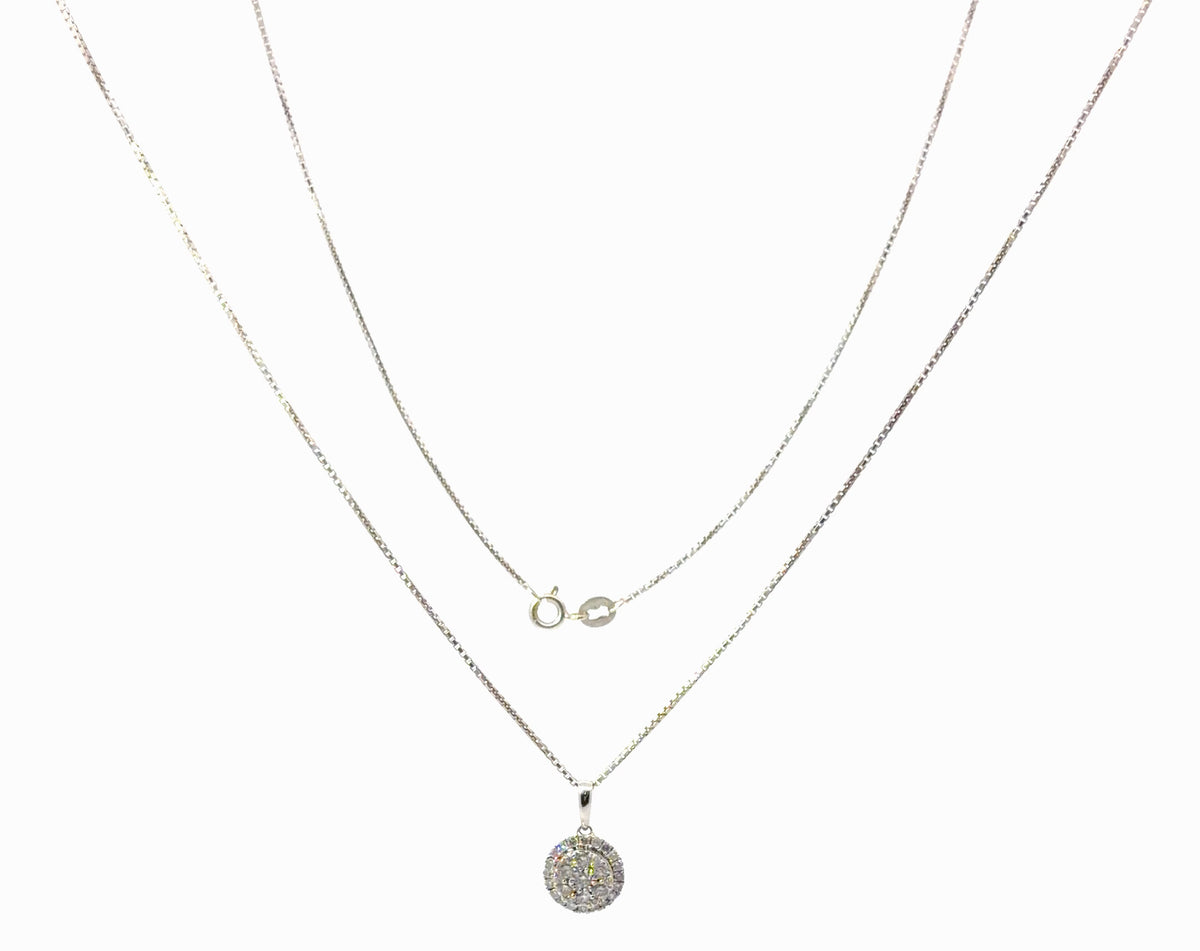 9ct White Gold Round Diamond Cluster Pendant Necklace