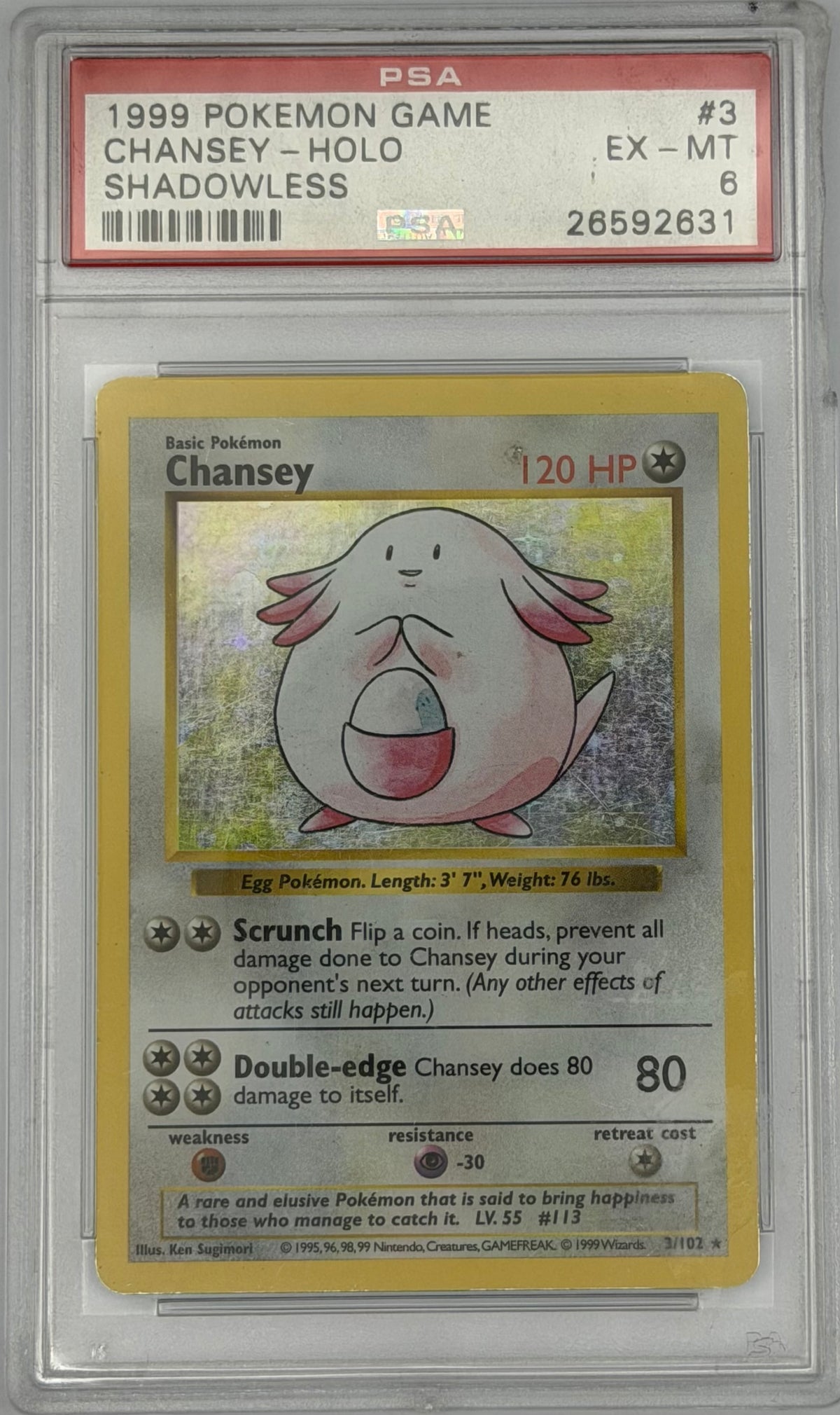 Pokemon PSA 6 Chansey 3/102 Shadowless Holo *Cracked Case*