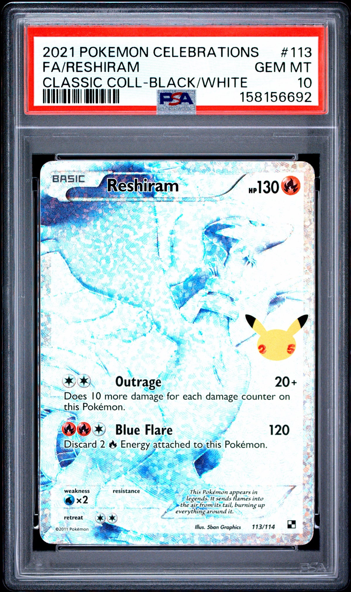 Pokemon PSA 10 Reshiram 113/114 Classic Collection Celebrations Black/White