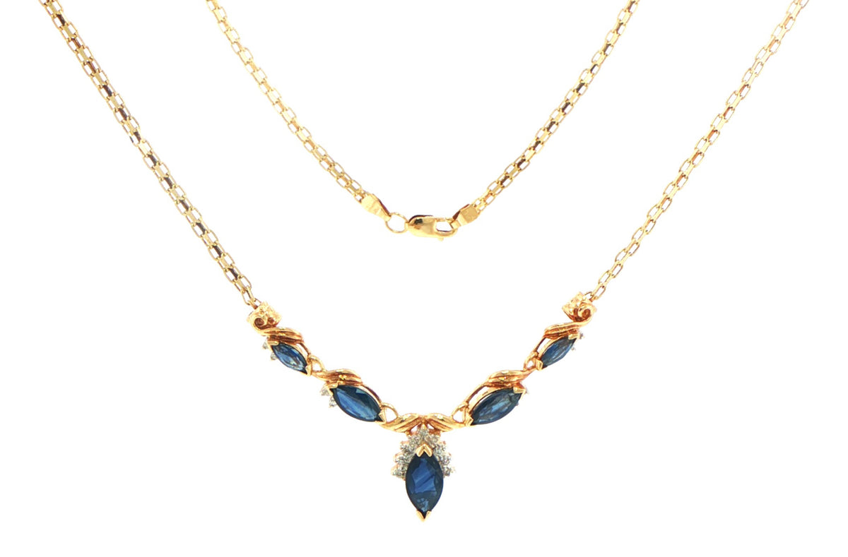 14ct Yellow Gold Royal Blue Sapphire Marquise Necklace + Valued at $6,000!