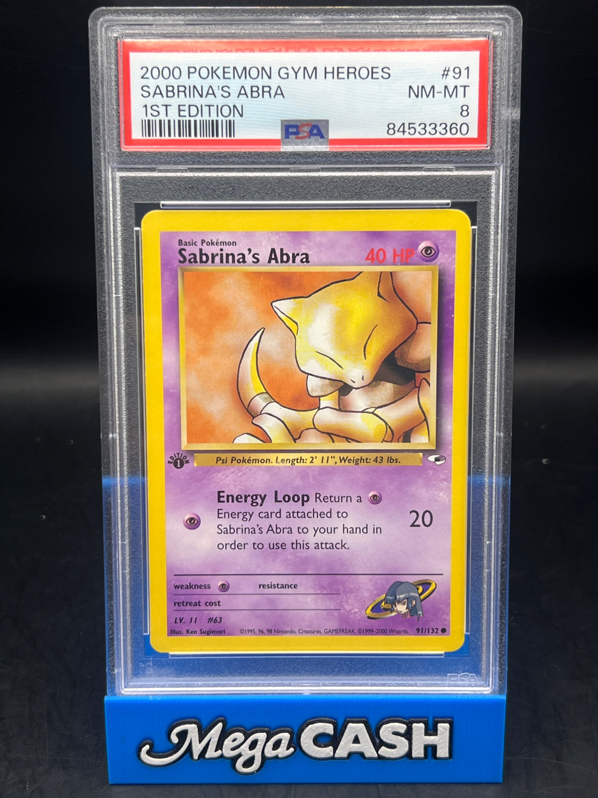 PSA 8 Sabrina’s Abra 91/132 1ST Edition Gym Hero’s