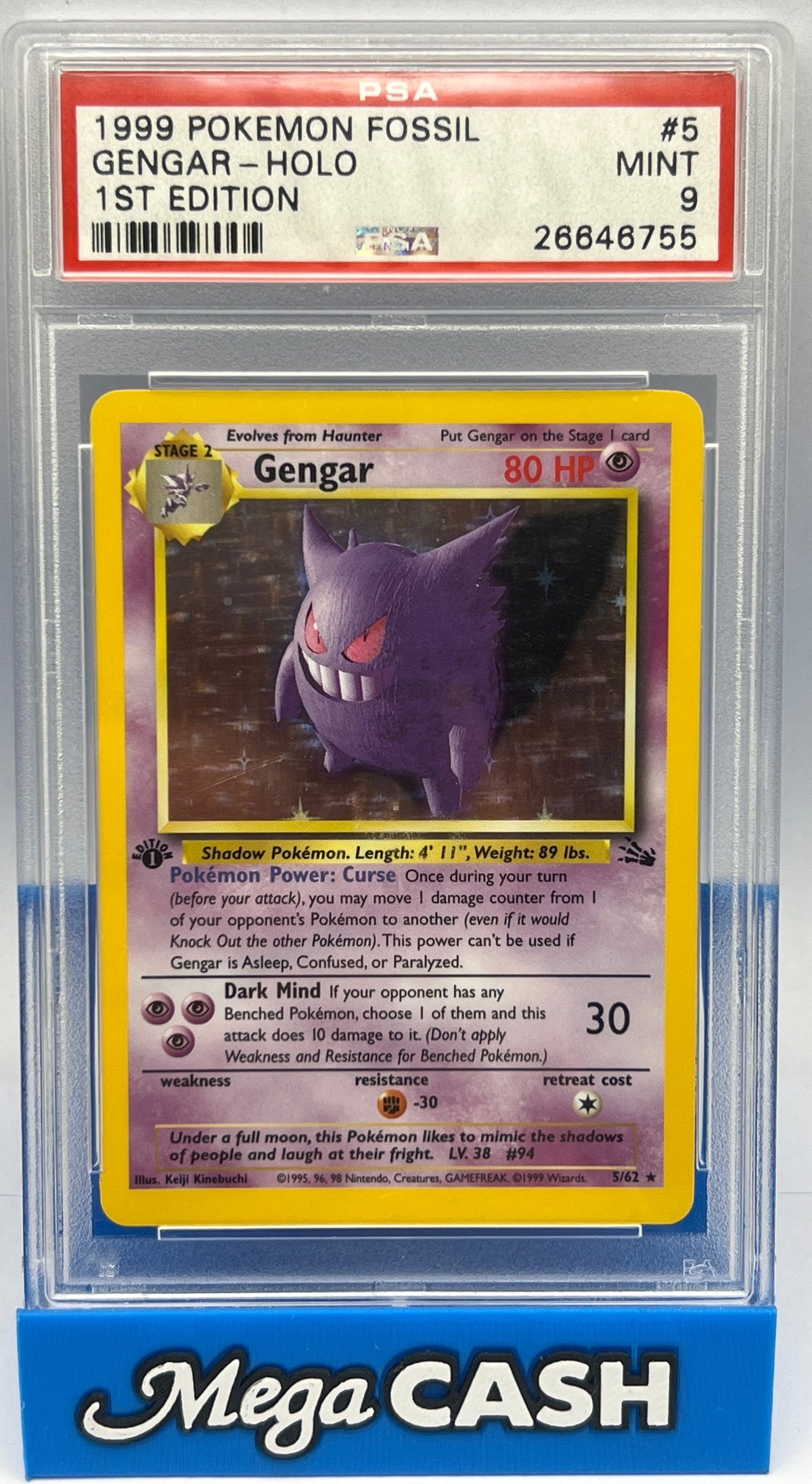Pokémon - PSA 9 1ST Edition Gengar 5/62 Holo Fossil