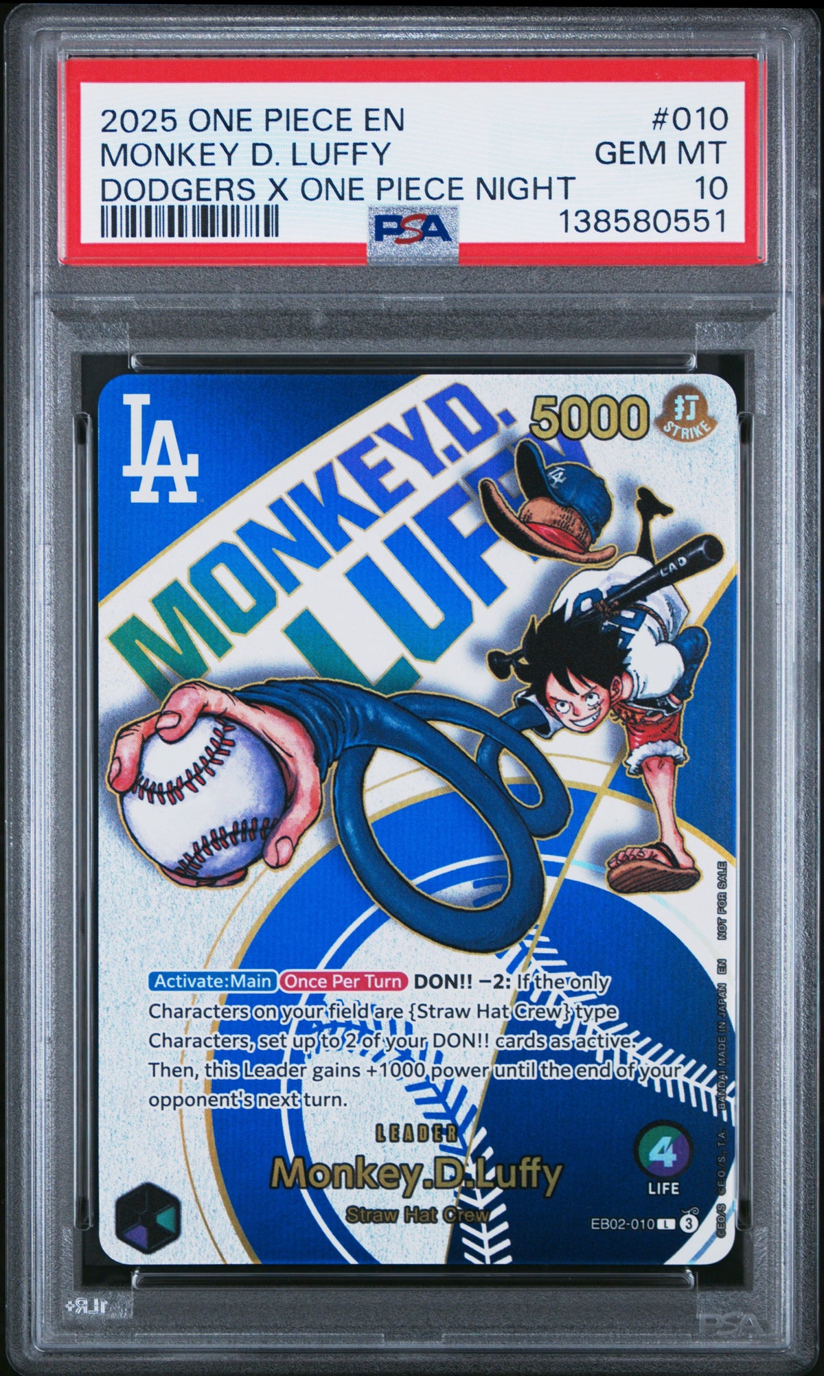 One Piece - Monkey D. Luffy Dodgers x One Piece Night EB02-010 PSA 10
