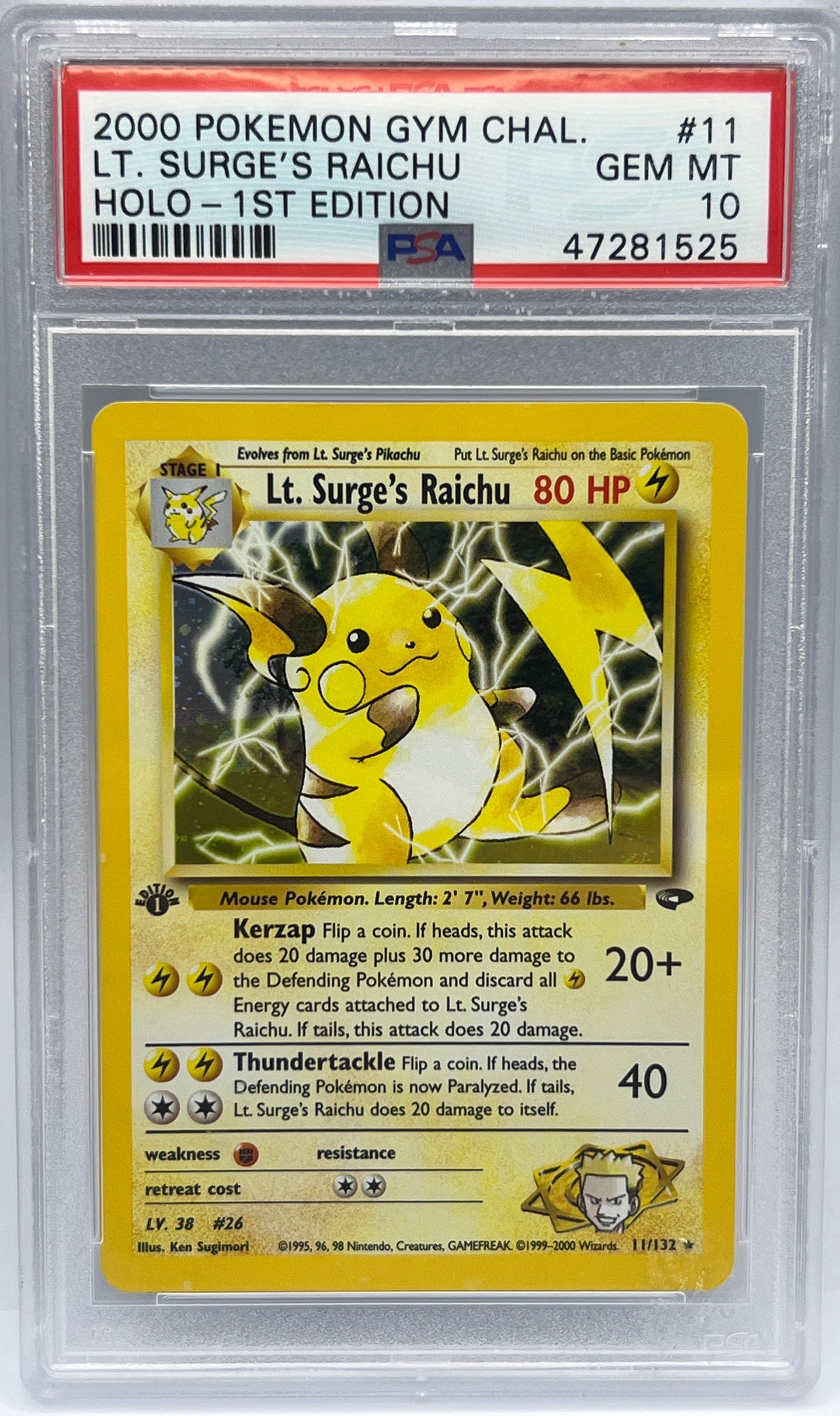 Pokémon - LT. Surge’s Raichu 11/132 1ST Edition Gym Challenge PSA 10