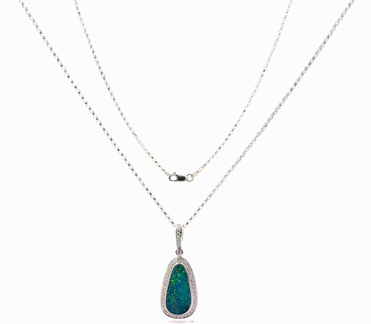 18ct White Gold Pear-Shaped Opal and Diamond Halo Pendant Necklace